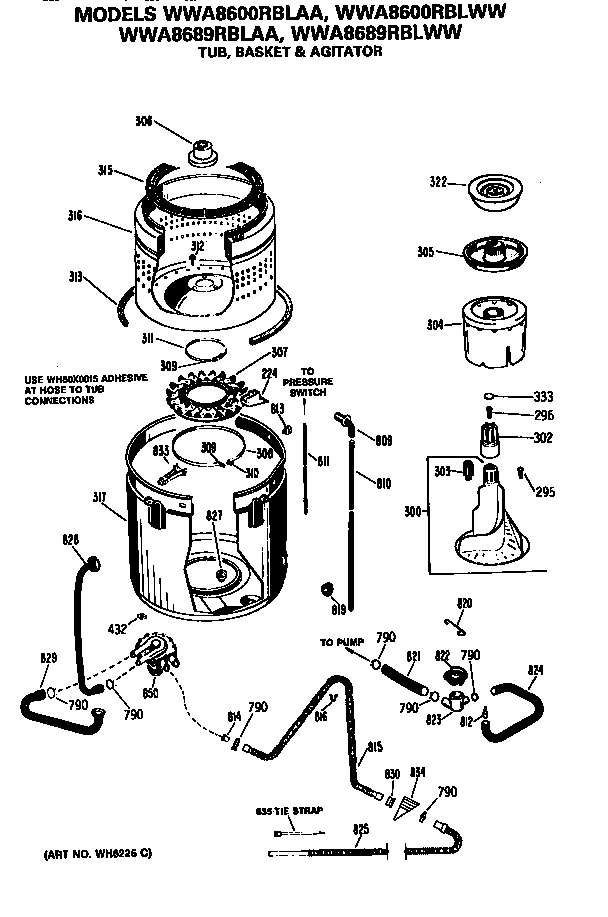GE WWA8689RBLAA tub, basket and agitator diagram