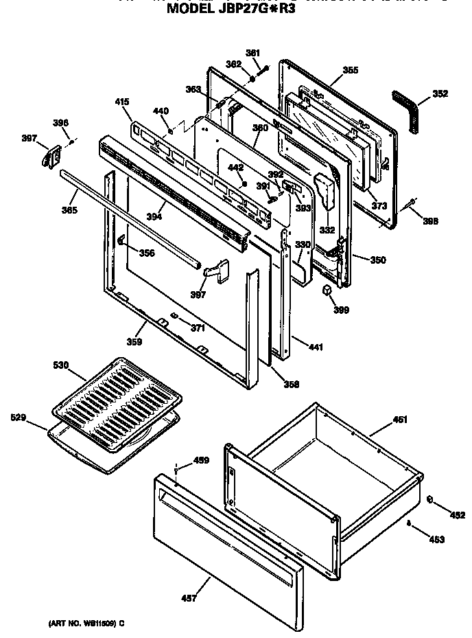 GE JBP27G*R3 door/utility drawer diagram