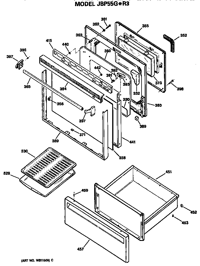 GE JBP55G*R3 door/utility drawer diagram