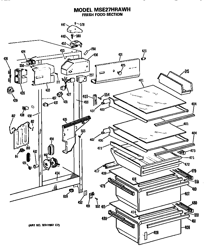 GE MSE27HRAWH fresh food section diagram