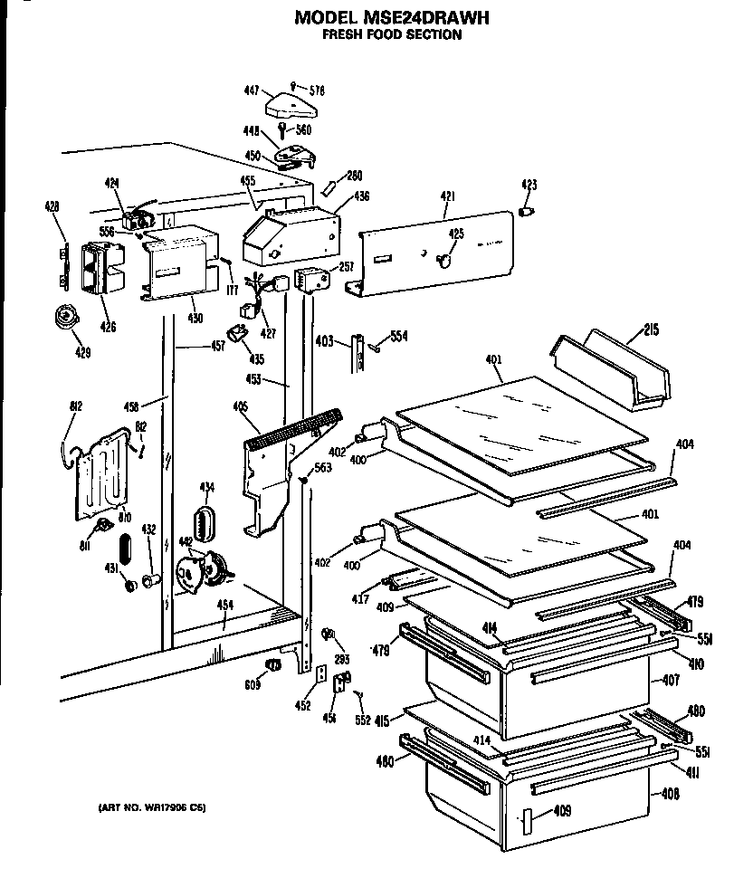 GE MSE24DRAWH refrigerator shelves diagram