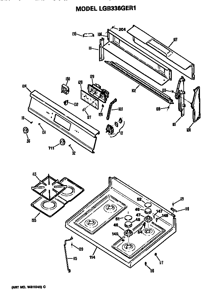 GE LGB336GER1 cooktop and backsplash diagram