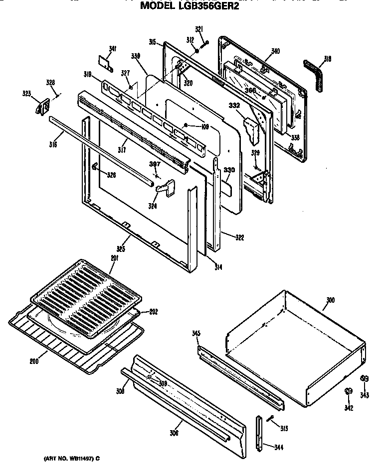 GE LGB356GER2 oven door and broiler diagram
