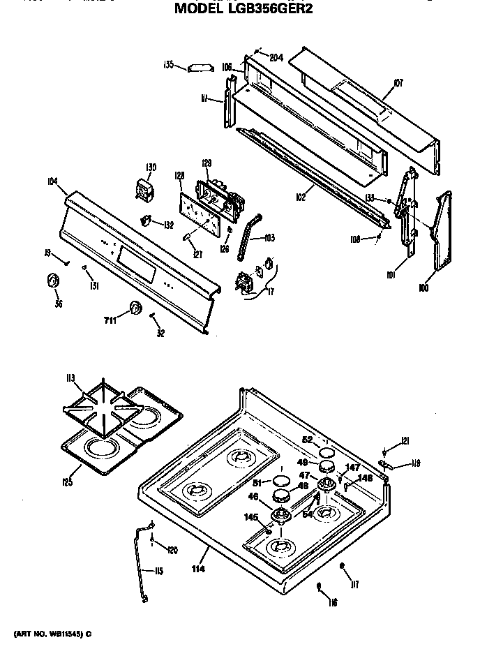 GE LGB356GER2 cooktop and backsplash diagram