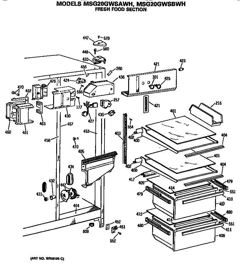 GE MSG20GWSAWH fresh food section diagram