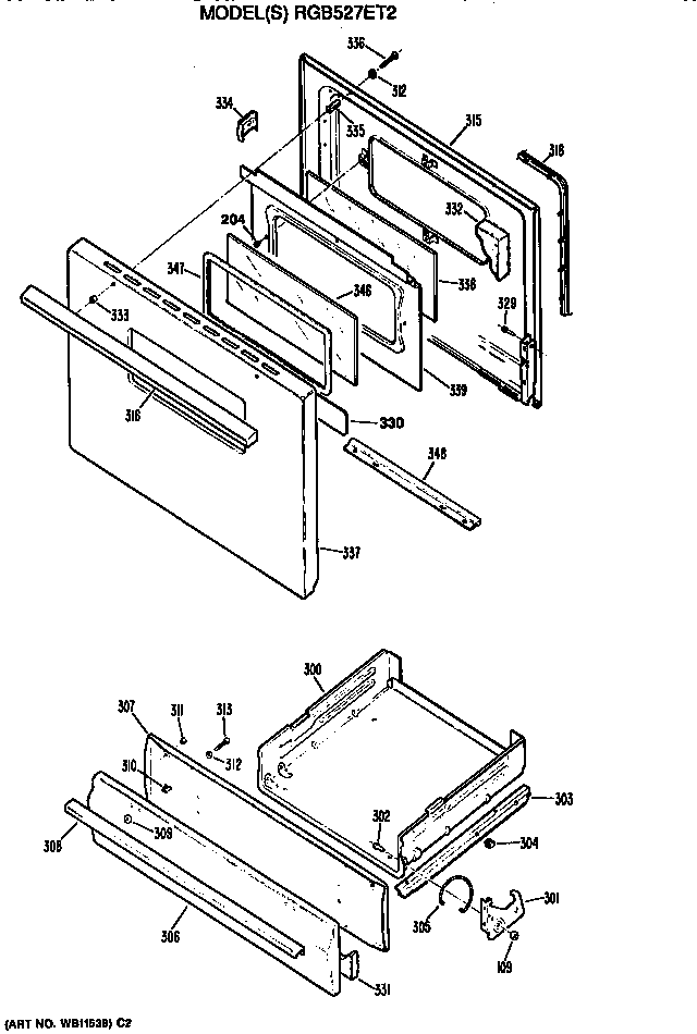 Hotpoint RGB527ET2 oven door and broiler diagram