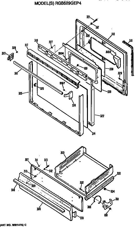 Hotpoint RGB529GEP4 oven door and broiler diagram
