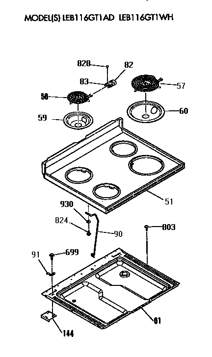 GE LEB116GT1WH cooktop diagram