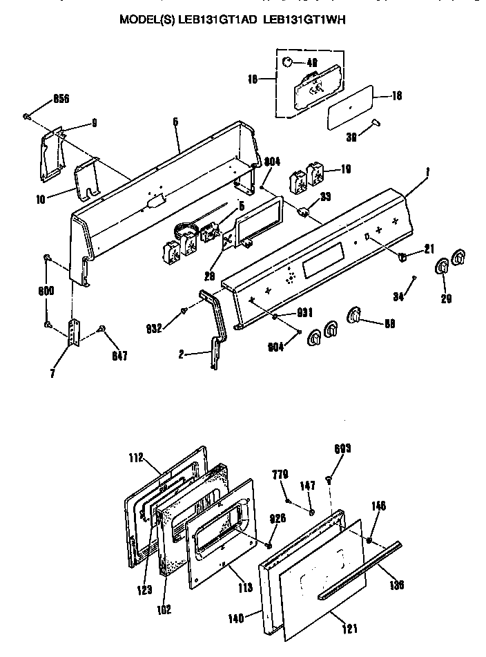 GE LEB131GT1WH controls/door diagram