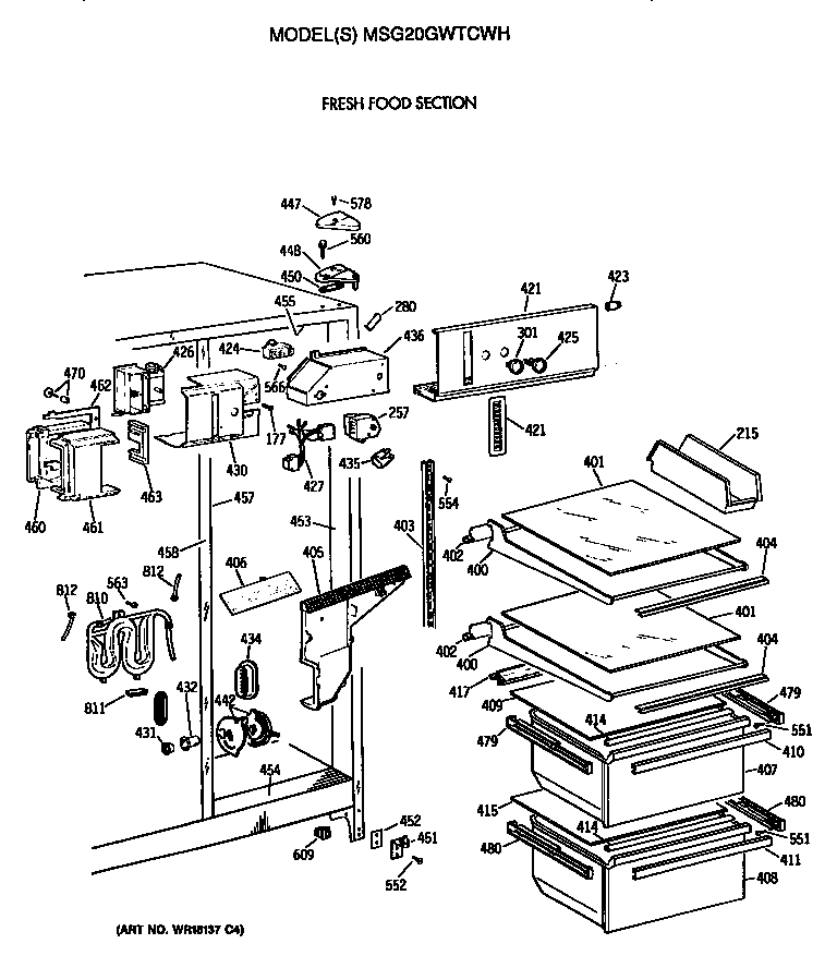 GE MSG20GWTCWH fresh food section diagram