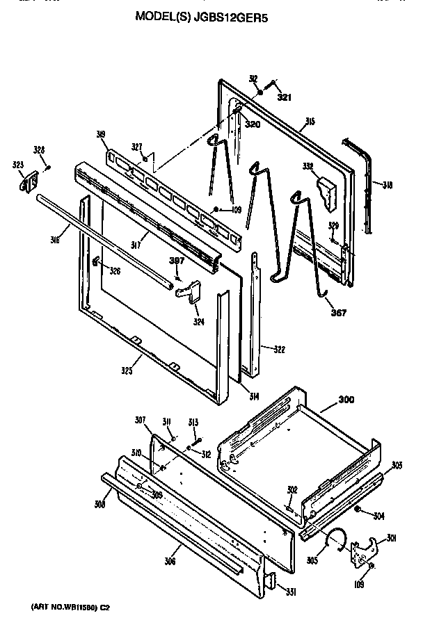 GE JGBS12GER5 oven door and broiler diagram