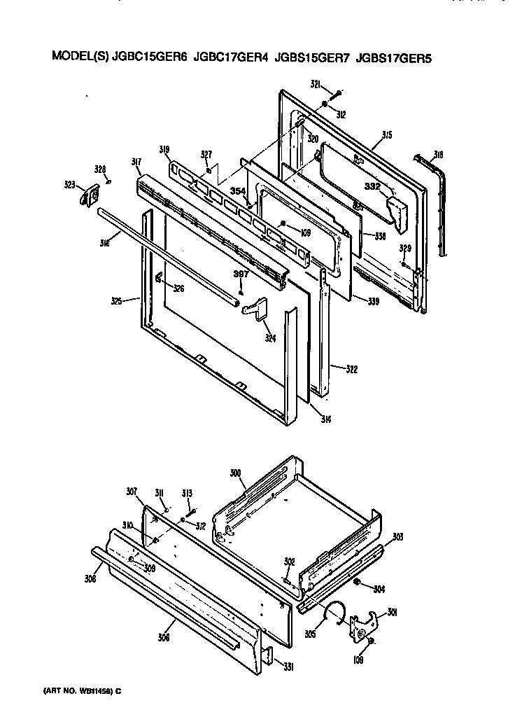 GE JGBS15GER7 oven door and broiler diagram
