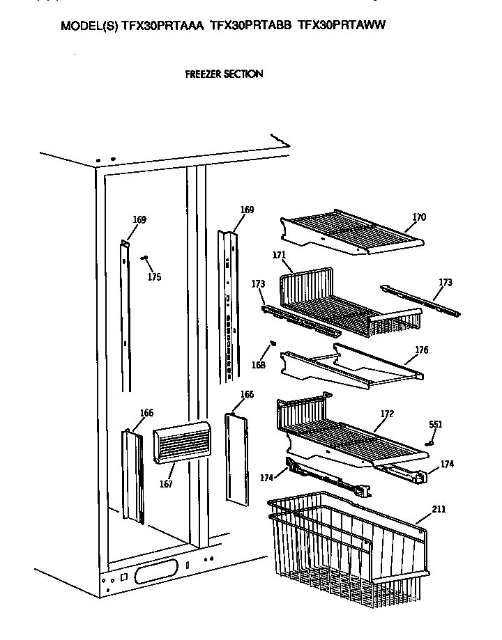GE TFX30PRTABB freezer section (shelfs) diagram