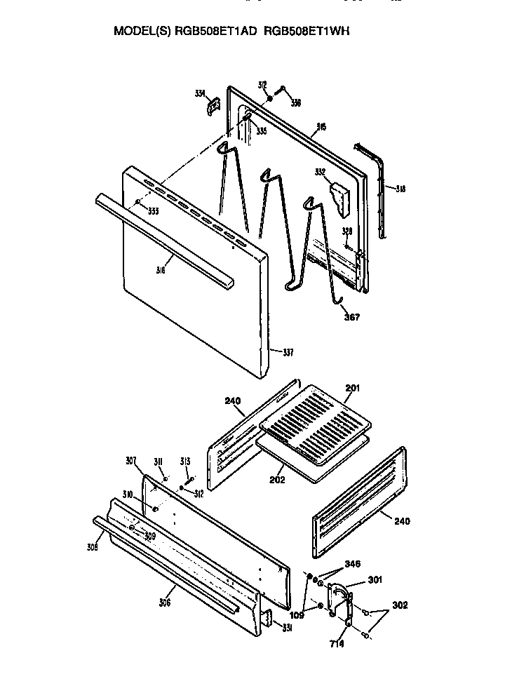 Hotpoint RGB508ET1AD oven door and broiler diagram