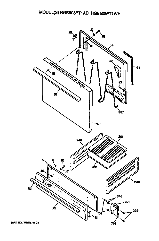 Hotpoint RGB508PT1AD oven door and broiler diagram