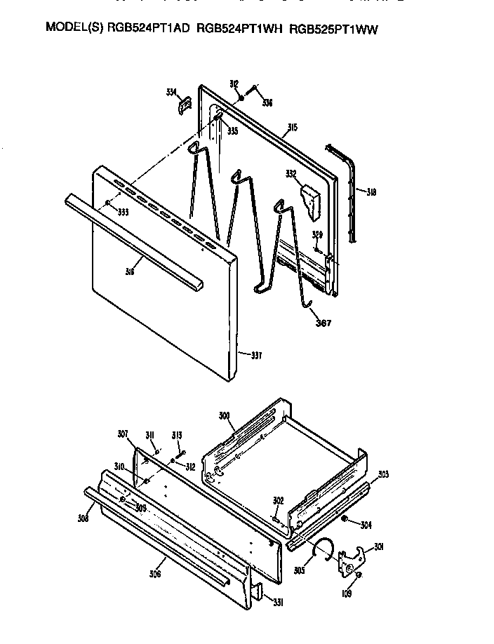 Hotpoint RGB524PT1WH oven door and broiler diagram