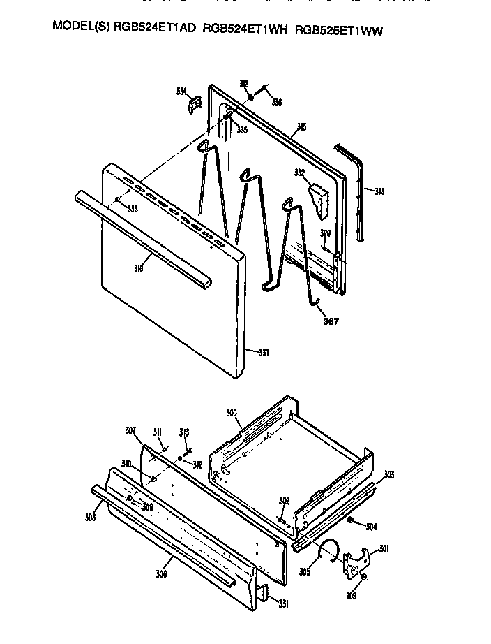Hotpoint RGB524ET1AD oven door and broiler diagram