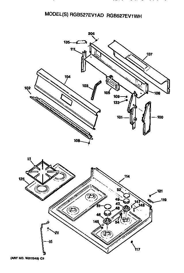 Hotpoint RGB527EV1WH cooktop and backsplash diagram