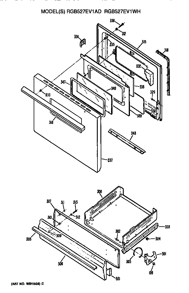 Hotpoint RGB527EV1WH oven door and broiler diagram