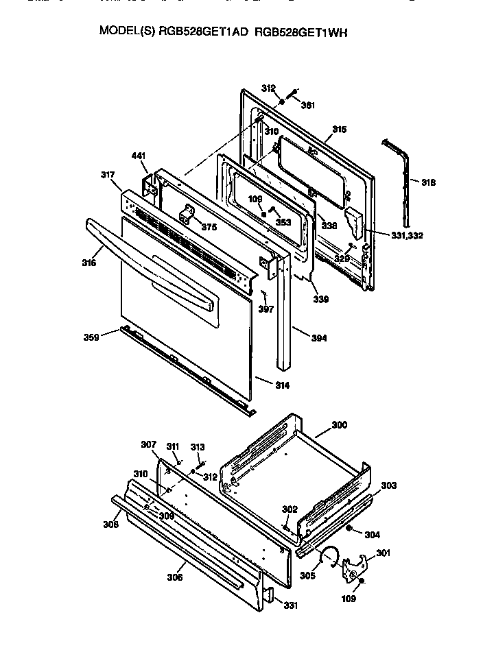 Hotpoint RGB528GET1WH oven door and broiler diagram