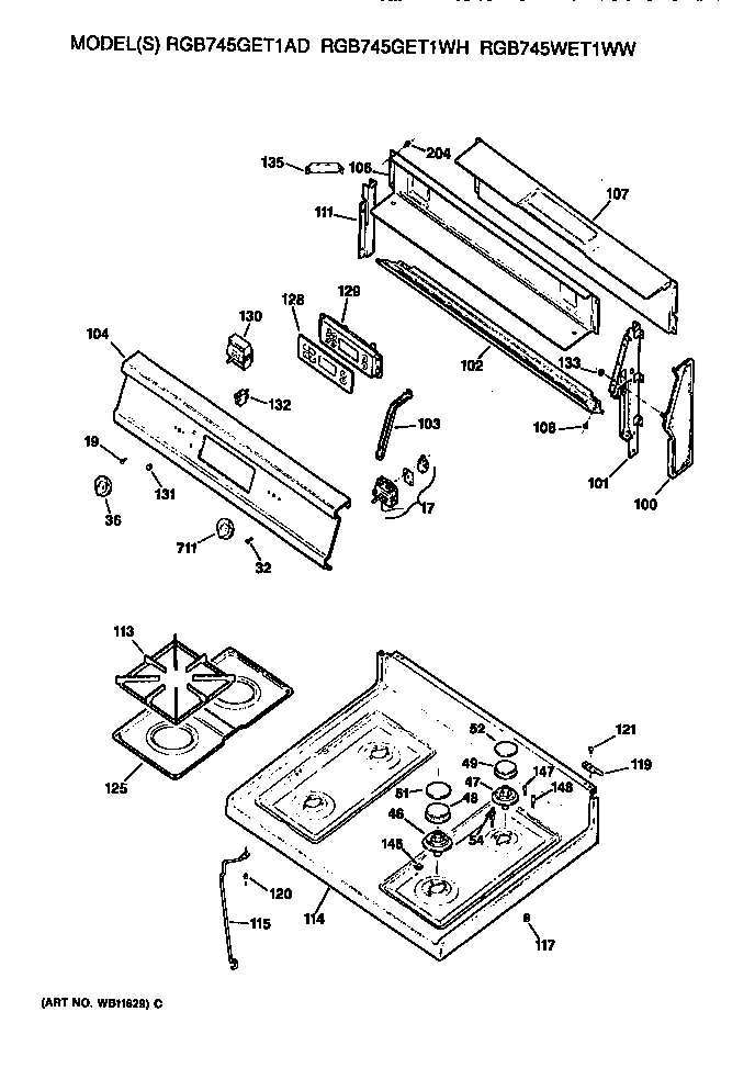 Hotpoint RGB745GET1AD cooktop and backsplash diagram