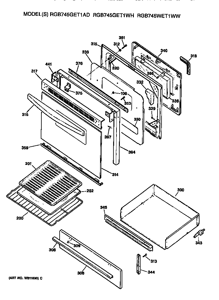 Hotpoint RGB745GET1AD oven door and broiler diagram