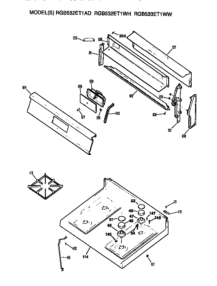 Hotpoint RGB532ET1AD cooktop and backsplash diagram