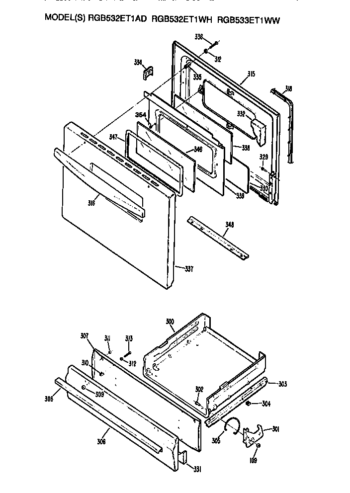 Hotpoint RGB532ET1AD oven door and broiler diagram