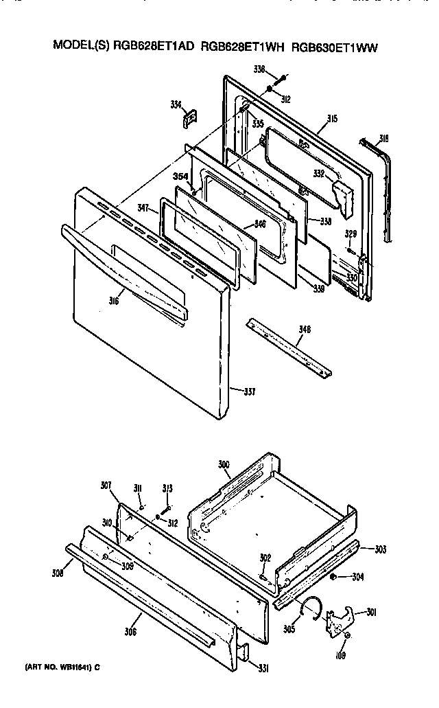 Hotpoint RGB630ET1WW oven door and broiler diagram