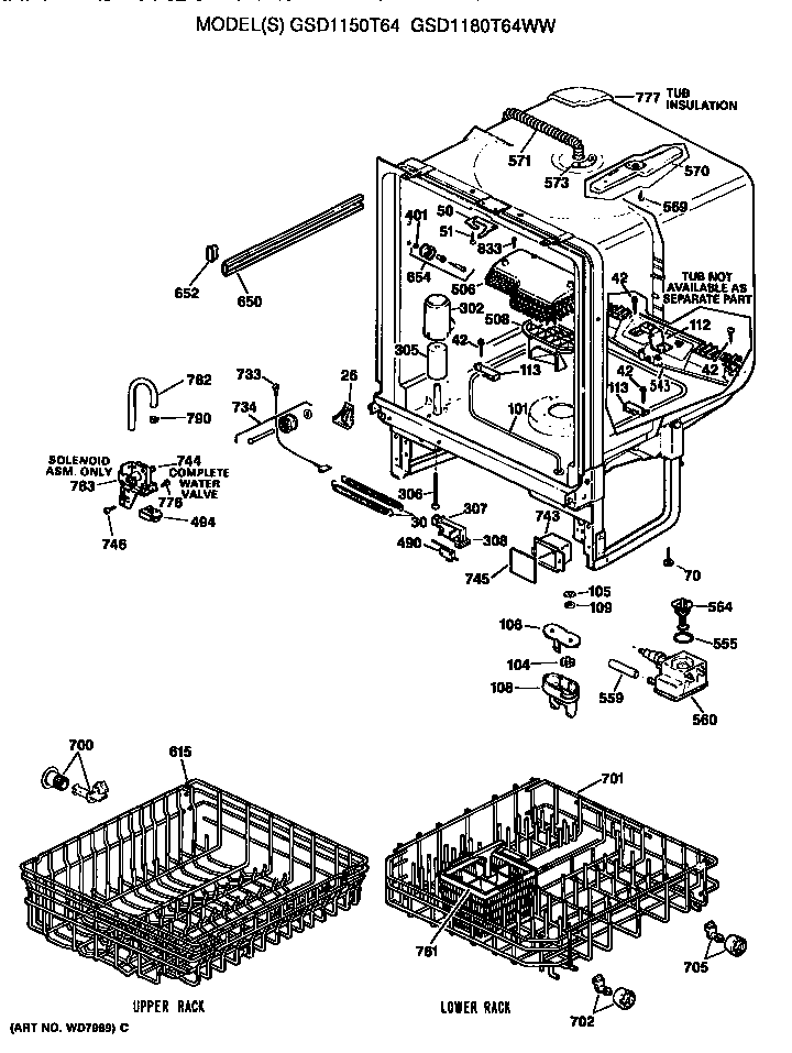 GE GSD1180T64WW tub/racks diagram