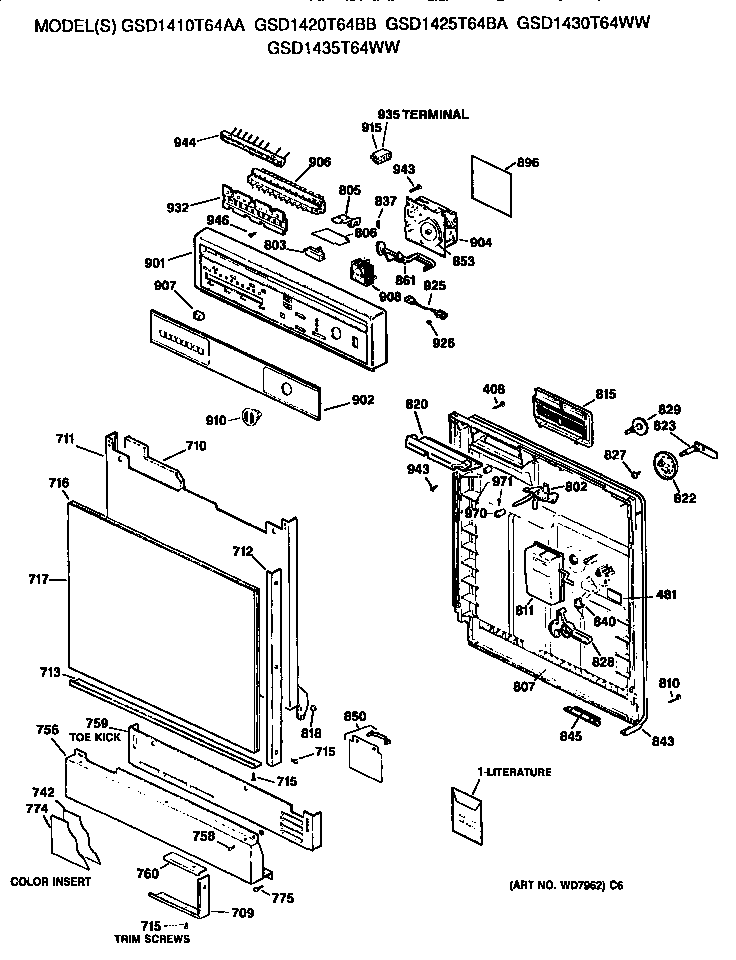 GE GSD1425T64BA front/control panel diagram