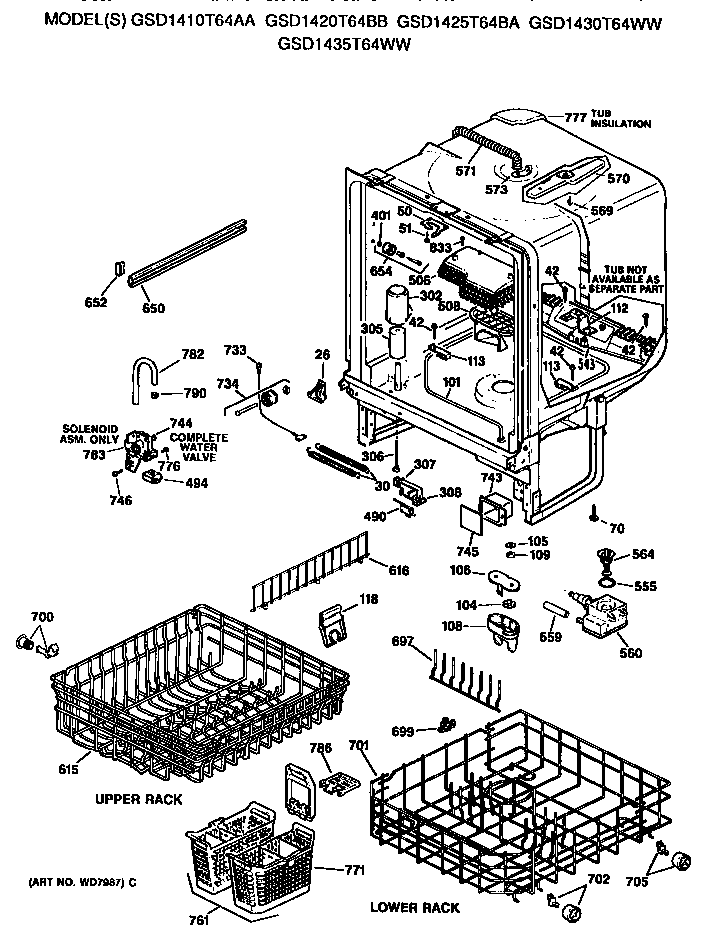 GE GSD1425T64BA tub/racks diagram