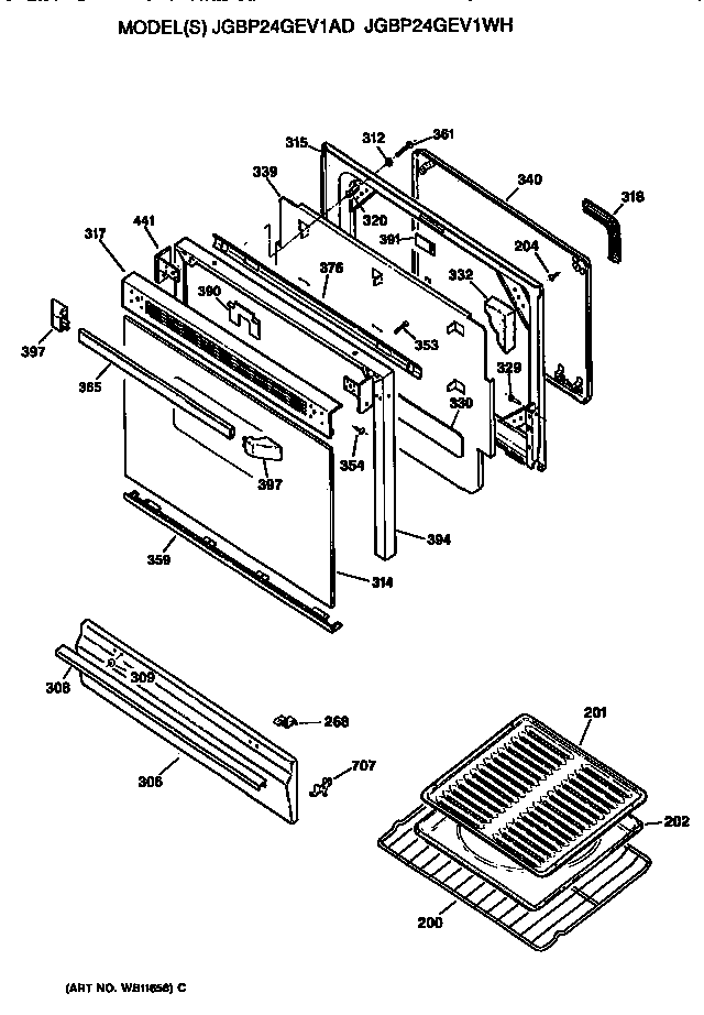 GE JGBP24GEV1WH oven door diagram