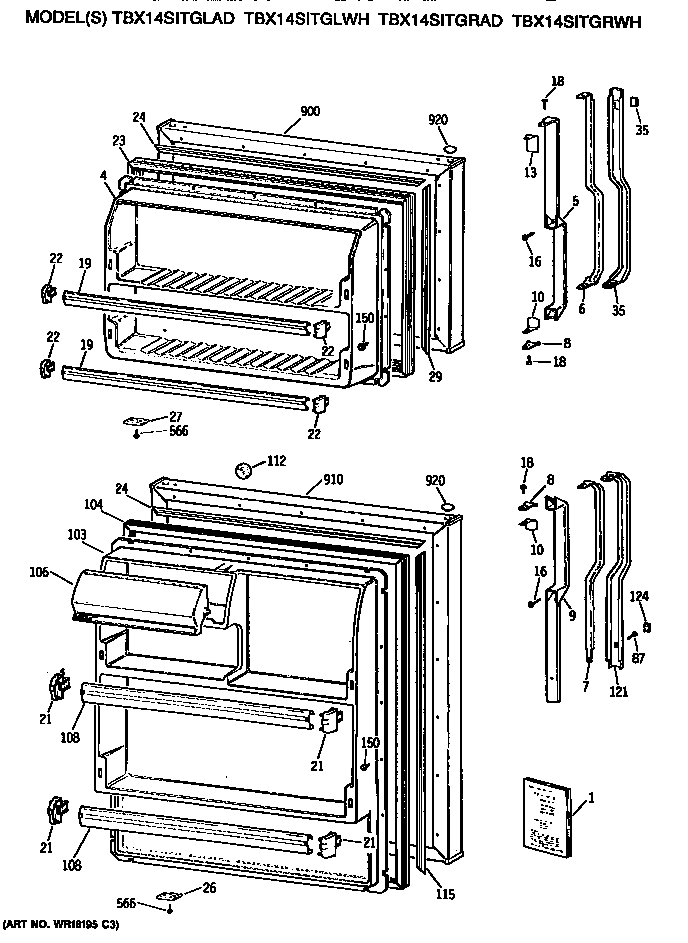 GE TBX14SITGLWH doors diagram