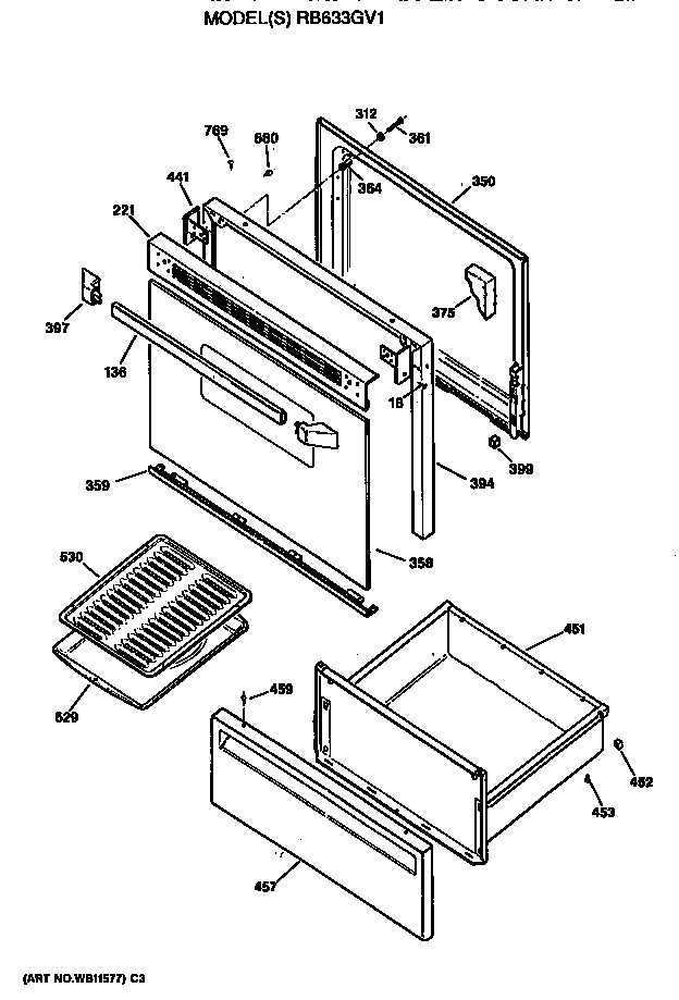 Hotpoint RB633GV1 door/utility drawer diagram