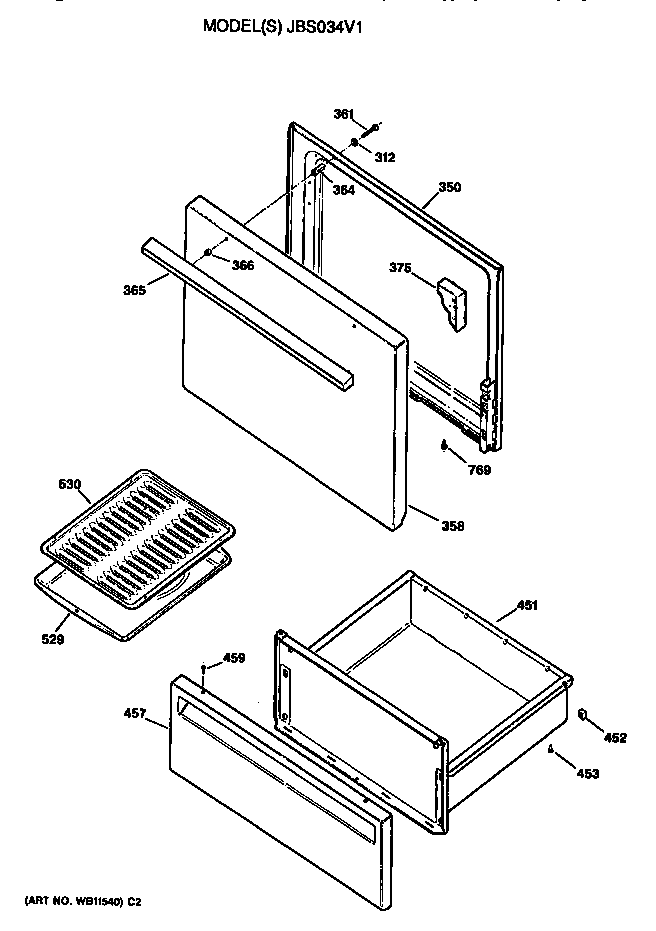 GE JBS034V1 door/utility drawer diagram