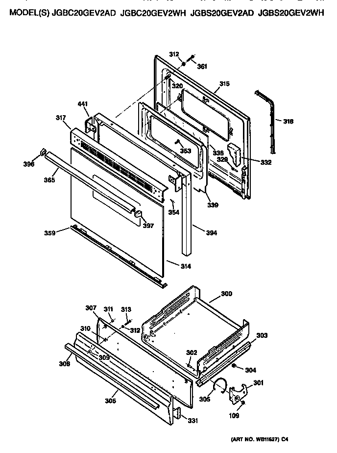 GE JGBS20GEV2WH oven door and broiler diagram
