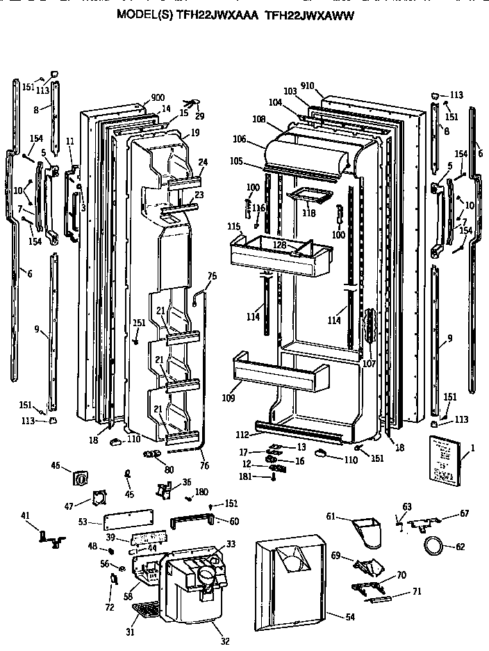 GE TFH22JWXAWW doors diagram