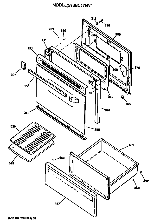 GE JBC17GV1 door/utility drawer diagram