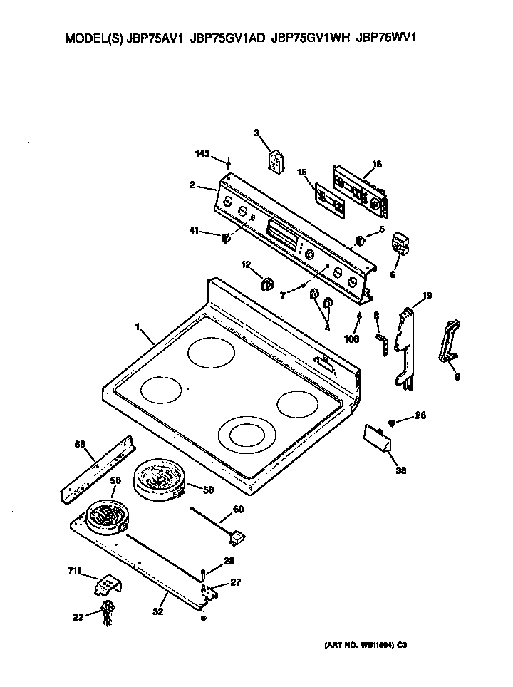 GE JBP75WV1 cooktop/controls diagram