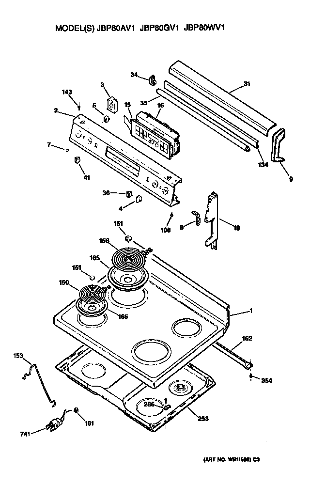 GE JBP80WV1 cooktop/controls diagram