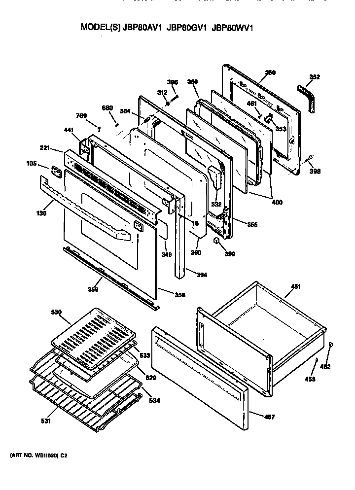 GE JBP80WV1 door/utility drawer diagram