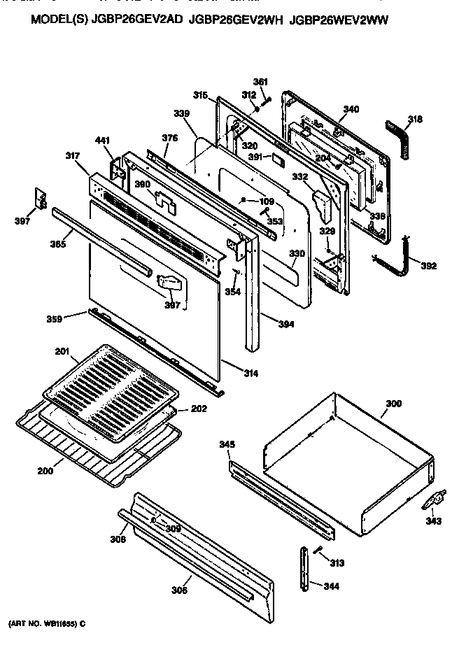 GE JGBP26GEV2AD oven door and broiler diagram