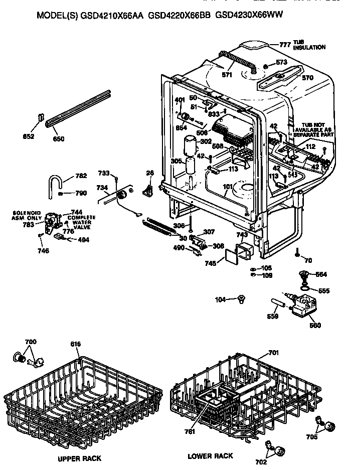 GE GSD4210X66AA tub/racks diagram