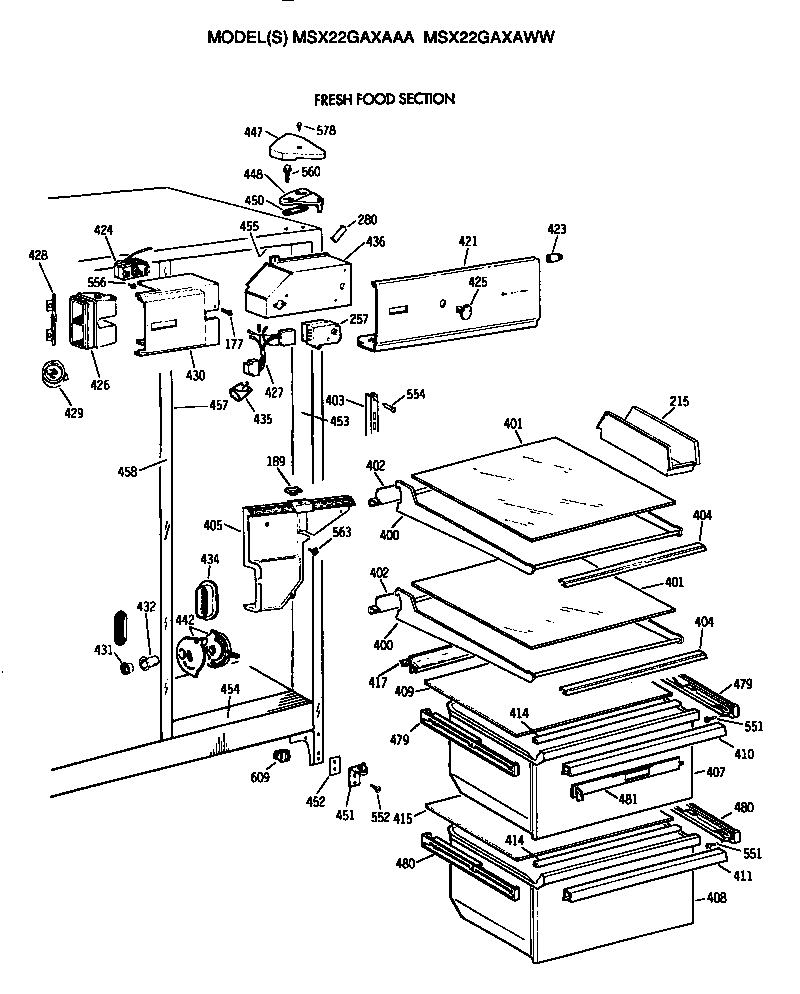 GE MSX22GAXAWW fresh food section diagram