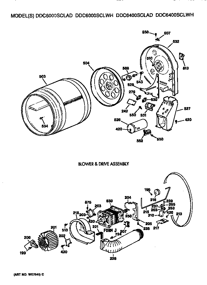 GE DDC6400SCLWH drum, duct,blower and drive diagram