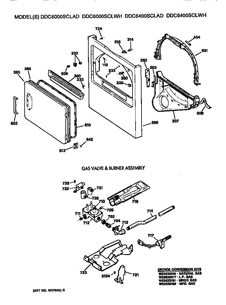 GE DDC6400SCLWH cabinet front and gas valve, burner diagram