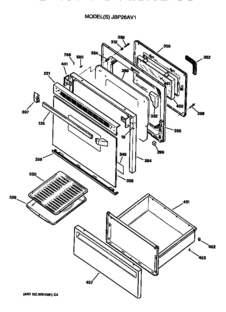GE JBP26AV1 door/utility drawer diagram