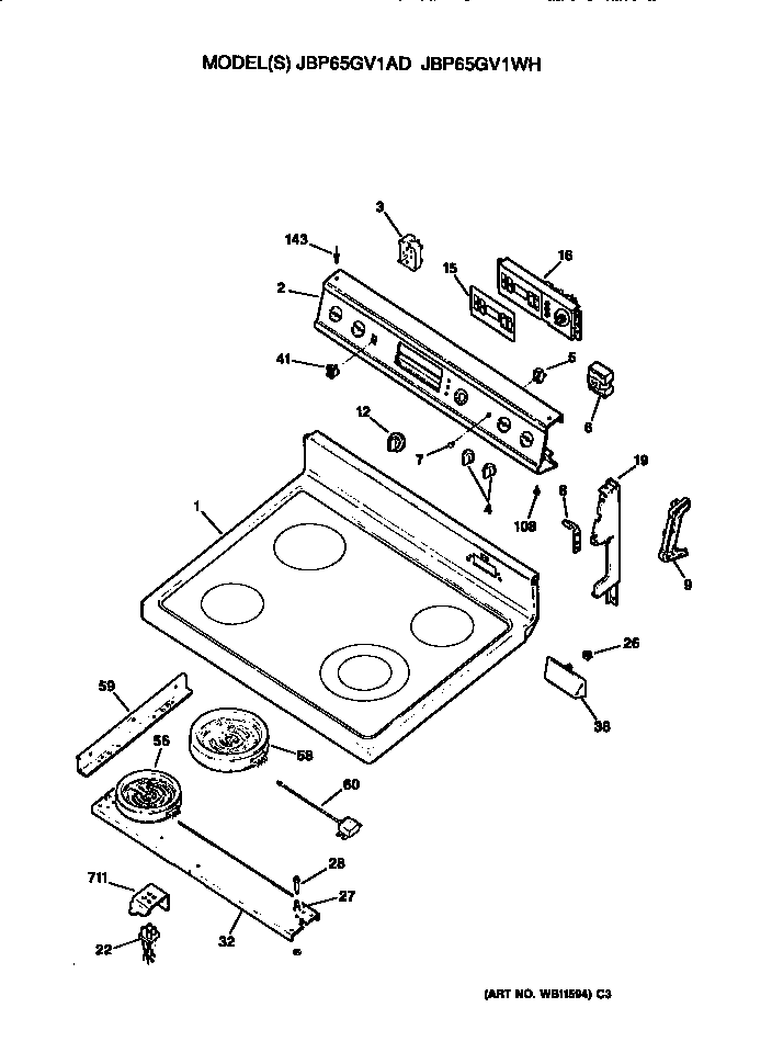 GE JBP65GV1AD controls and top diagram