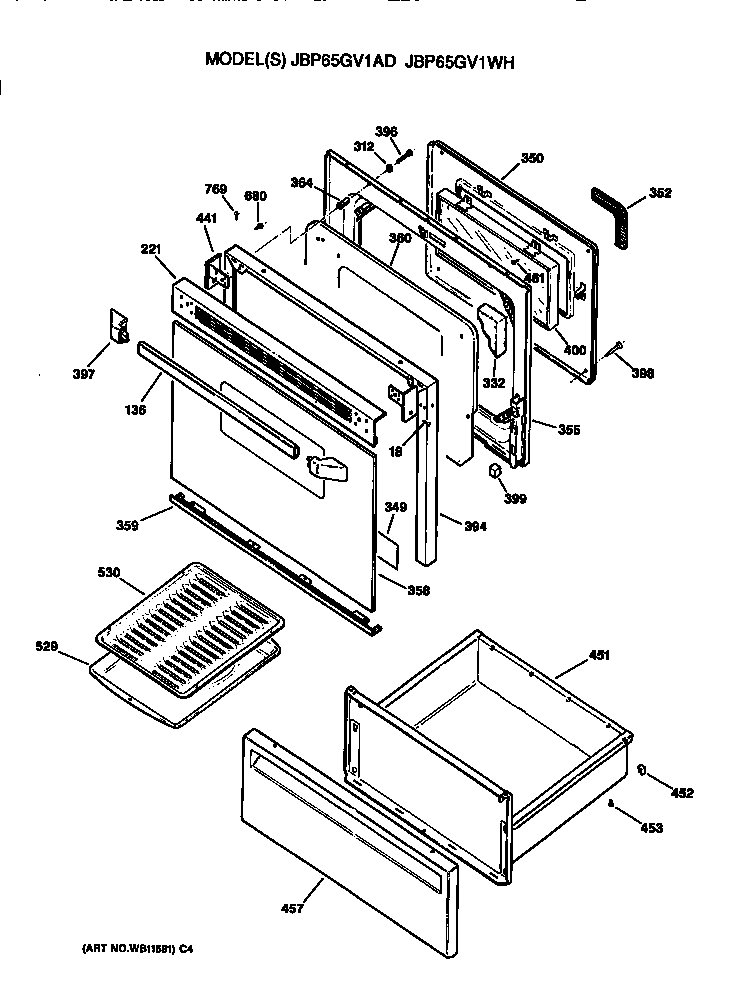 GE JBP65GV1AD door and drawer diagram